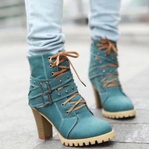 Blue strappy heeled lace boots